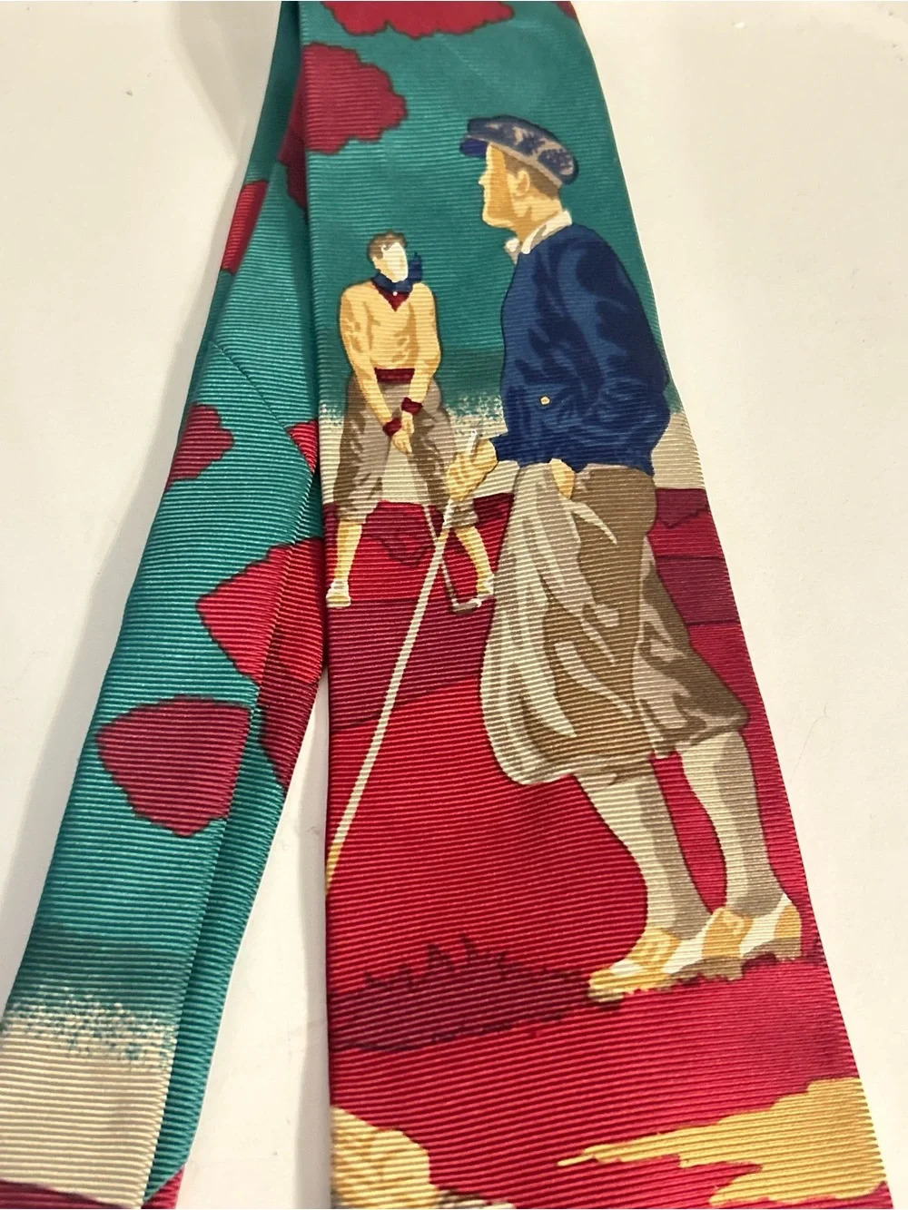 Vintage Men's Silk Novelty Golf Tie Burgundy Teal Beige Repp Rep Woven 1920’s